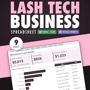 May include: A digital business spreadsheet for lash technicians titled LASH TECH BUSINESS SPREADSHEET. It includes 9 sheets compatible with Excel and Google Sheets, displaying a dashboard with sales, tips, expenses, and appointment schedules.