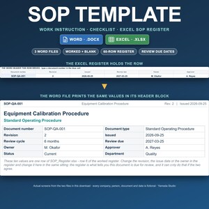 May include: A digital SOP template featuring a blue background with white text. It includes a Word and Excel file icon, a 60-row register, and a sample Equipment Calibration Procedure document showing fields for document number, revision, and owner.