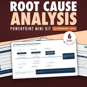 May include: A Root Cause Analysis PowerPoint mini kit featuring 6 slides. The digital presentation includes templates for Five Whys, Fishbone diagrams, and Corrective Action Objectives with dark blue text on white backgrounds.