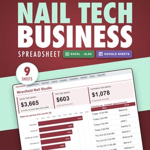 May include: A digital business spreadsheet for nail technicians titled NAIL TECH BUSINESS SPREADSHEET. It features a dashboard for Wrenfield Nail Studio with sales, tips, and expense tracking, plus a list of booked appointments and service charts.