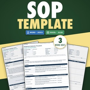 May include: A digital SOP template document set featuring the text SOP TEMPLATE, WORD .DOCX, and EXCEL .XLSX. The document displays an Equipment Calibration Procedure with sections for purpose, scope, responsibilities, and definitions in black text.