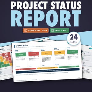 May include: A digital project status report template featuring 24 slides in PowerPoint and Excel formats. The layout displays an overall status dashboard with color-coded sections for scope, schedule, budget, resources, and quality metrics.