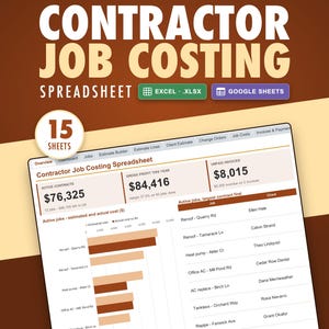 Contractor Job Costing Spreadsheet, Estimates, Change Orders, HVAC Plumbing Electrical Roofing (Excel & Google Sheets)