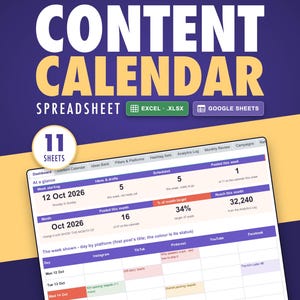 Social Media Content Calendar Spreadsheet, Posting Schedule, Hashtag Sets, Engagement Tracker (Excel & Google Sheets)