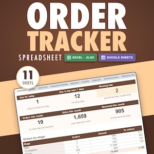 May include: An order tracker spreadsheet digital tool featuring the text ORDER TRACKER SPREADSHEET, EXCEL .XLSX, GOOGLE SHEETS, and 11 SHEETS. The interface displays a dashboard with metrics for orders, sales, payments, and production schedules.