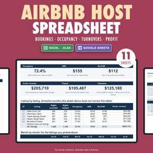 Airbnb Host Spreadsheet, Short Term Rental Bookings, Occupancy Calendar, Cleaning Schedule, Income (Excel & Google Sheets)