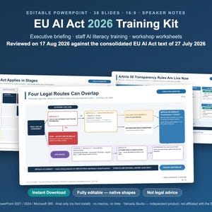 May include: An editable PowerPoint training kit titled EU AI Act 2026 Training Kit, featuring 38 slides with executive briefings and workshop worksheets. The slides display flowcharts and text regarding legal routes, transparency rules, and AI compliance.