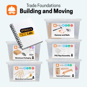 May include: A spiral-bound notebook labeled Upskills Labs positioned above four clear plastic storage bins. Each bin features a label with icons and text: Warehouse Packaging, Measurement and Assembly, Hammer and Nails, and PVC Pipe Assembly.