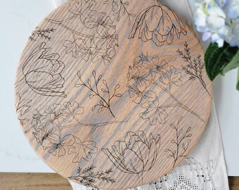 Floral Botanical engraved Oak Round Wood Serving Tray, Cheese boards, Charcuterie Board, Paddle Board**ORGANIC FINISH**