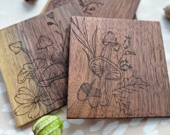 Walnut Set of MUSHROOM Wood Coasters, MUSHROOM Botanical Engraved, Housewarming/Wedding/Realtor Gift, Set of 4 Coasters, MUSHROOM gift