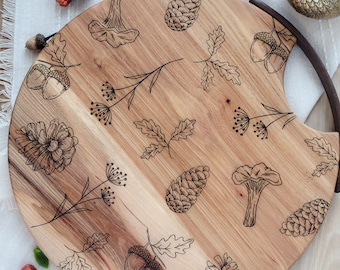 PINECONE, MUSHROOM Engraved Hickory Wood Bread board, Cheese board, Charcuterie board