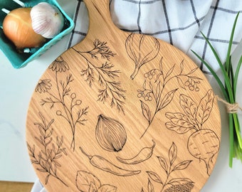 Kitchen Vegetable Engraved Round Oak Wood Bread board, cheese board, charcuterie board, Paddle Board **ORGANIC FINISH**