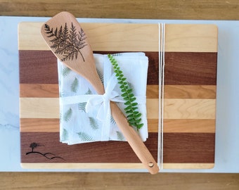 Cutting board, Wooden Spoon, Fern Napkin Curated gift, cheese boards, charcuterie board Wedding/Housewarming/Mothers Day