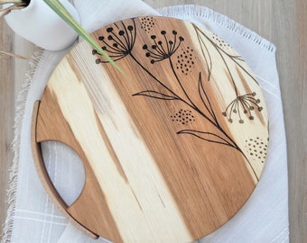 Floral Engraved Hickory Wood Bread Board, Cheese boards, Charcuterie Board, Serving Tray