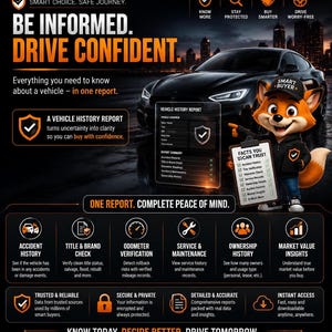 May include: A black car advertisement featuring a cartoon fox mascot wearing a Smart Buyer cap and holding a clipboard with a checklist. The graphic includes text such as BE INFORMED. DRIVE CONFIDENT., vehicle history report details, and icons.