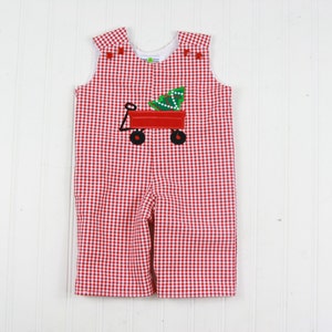 Boys Christmas Romper Christmas Tree Wagon Longall Toddler Boy Christmas Clothes Red Gingham Overalls Baby Jumper Soda Ciy Sewing image 2