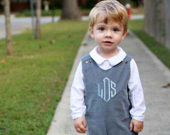 Little Boys Monogrammed Corduroy Overalls - Personalized Grey Longalls for Baby or Toddler Boys - Boys Formal Church Or Wedding Outfit