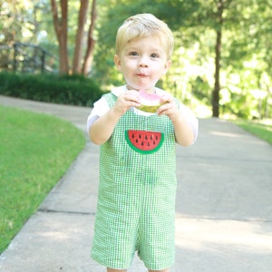 Baby Boy Summer Romper Boys Watermelon Birthday Outfit Green Gingham Shortall Baby Boy Applique Outfit Toddler Boy Family Photos image 1