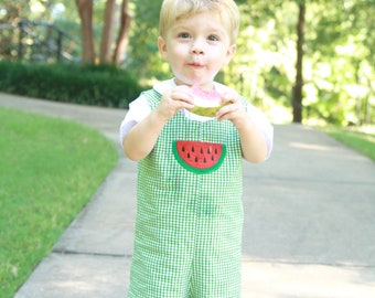 Baby Boy Summer Romper - Boys Watermelon Birthday Outfit - Green Gingham Shortall - Baby Boy Applique Outfit - Toddler Boy Family Photos