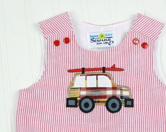 Summer Romper - Baby Boy Summer Outfit - Hipster Outfit with Vintage Station Wagon - Surfboard - Red Seersucker - Jon Jon Baby Boy Romper