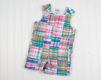 Preppy Boy Outfit - Baby Boy Patchwork Plaid Outfit -Madras Plaid Baby Outfit - Boys Shortall -  Pink Baby Boy Romper - Boys Summer Jon Jon