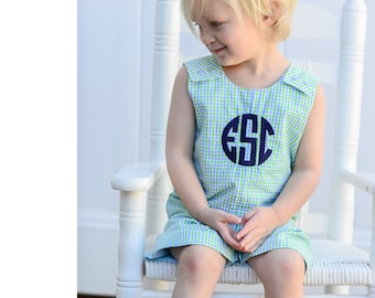 Block Monogram Summer Shortall - Toddler or Baby Boys Gingham Romper - Light Blue and Light Green Check Outfit - 1st First Birthday Overalls