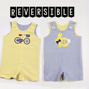 Boys Easter Outfits Toddler - Reversible Easter Bunny Romper - Seersucker Easter JonJon - Baby Boy Shortall -Bicycle Applique Outfit -Spring