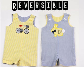 Boys Easter Outfits Toddler - Reversible Easter Bunny Romper - Seersucker Easter JonJon - Baby Boy Shortall -Bicycle Applique Outfit -Spring