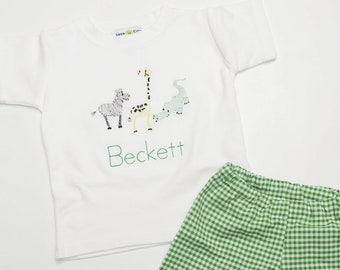 Summer Baby Clothes - Zoo Animals Outfit - Little Boy Boutique Clothes - Green GIngham Shorts - Infant Outift for Boy - Zebra Giraffe Gator
