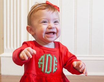 Monogrammed Christmas Dress - Appliqued Gingham Initials - Red & Green Holiday Outfit for Girls - Toddler Knit Long Sleeved Dress - Infant