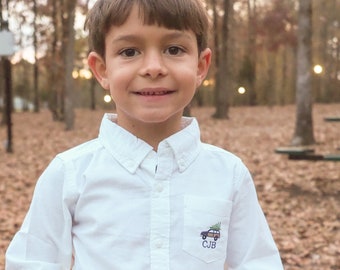 Boys Christmas Dress Shirt - Little Boys Monogram Pocket Oxford Shirt for Christmas - Station Wagon with Tree Embroidered - Initials Pocket