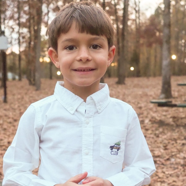 Boys Christmas Dress Shirt - Little Boys Monogram Pocket Oxford Shirt for Christmas - Station Wagon with Tree Embroidered - Initials Pocket