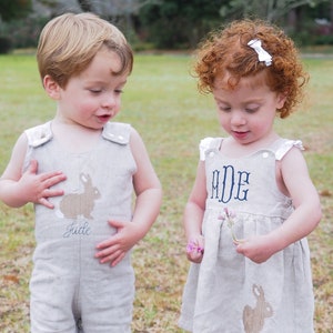 Linen Easter Bunny Romper for Baby or Toddler Boys - Personalized Cross Stitch Rabbit Shortall - Monogrammed Linen Easter Outfit