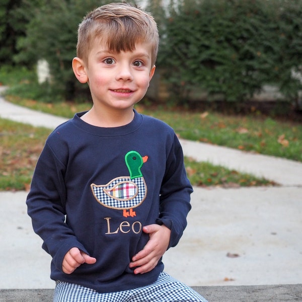 Fall Boys Appliqued Clothes - Navy Blue Mallard Shirt - Personalized Monogrammed Toddler Boy T-Shirt - Navy Gingham Pants Set - Little Boy