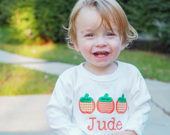 Little Boys Pumpkin Shirt - Fall Punkin Patch Tee for Toddlers - Orange Gingham Pants Outfit - Kids Appliqued Monogrammed T-Shirt