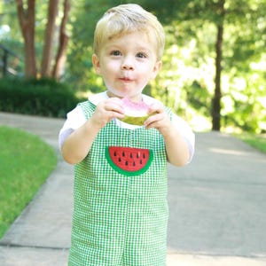 Baby Boy Summer Romper - Boys Watermelon Birthday Outfit - Green Gingham Shortall - Baby Boy Applique Outfit - Toddler Boy Family Photos