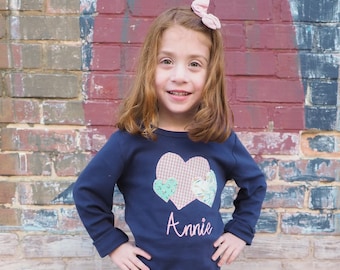 Little Girls Hearts Applique Navy Shirt and Pink Skirt Outfit for Valentine's Day - Personalized Embroidered Shirt for Baby or Toddler Girls