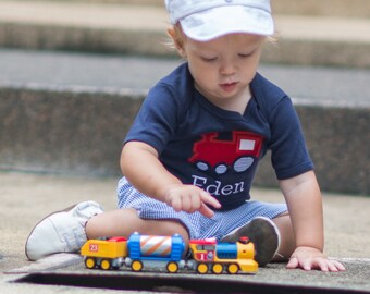 Boys Seersucker Shorts - Baby Boy Train Outfit - Classic Boys Clothes - Train Applique Bodysuit - Summer Baby Clothes - Summer Boy Outfit