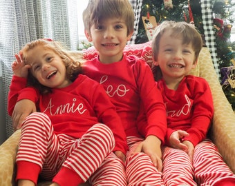 Personalized Kids Christmas Pajamas - Red Striped Monogrammed Name PJs for Siblings to wear Christmas Day, Embroidered with Chain Stitch