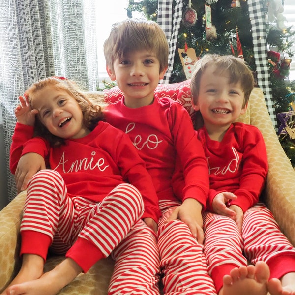 Personalized Kids Christmas Pajamas - Red Striped Monogrammed Name PJs for Siblings to wear Christmas Day, Embroidered with Chain Stitch