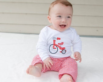 Tricycle T-Shirt - Baby Boy Gift - Boys Winter Clothing - Applique Tee for Boys - Red Gingham Pants Outfit  - Gift for Baby - Trike Birthday