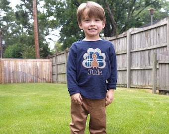 Boys Fall Turkey Outfit - Camel Brown Corduroy Pants and Appliqued Turkey Shirt, Personalized with Name for Toddler or Baby Boys