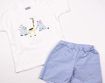 Toddler Clothes Unique - Swirly Jungle Animals T Shirt - Giraffe Hippo Elephant Embroidery - Jungle Birthday Party Outfit - Cute Boys Shirt