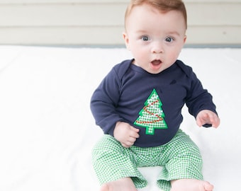 Christmas Shirt for Baby Boy - Boys Christmas Outfit - Green Gingham Pant - Christmas Bodysuit - Christmas Tree Shirt - Holiday Baby Clothes