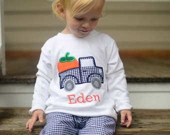 Toddler Boy Pumpkin Shirt - Pumpkin Truck T-Shirt - Boy Fall Clothes - Pumpkin Patch Outfit - Navy Gingham Pants - Kids Fall Outfit