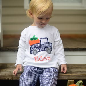 Toddler Boy Pumpkin Shirt Pumpkin Truck T-Shirt Boy Fall Clothes Pumpkin Patch Outfit Navy Gingham Pants Kids Fall Outfit image 1