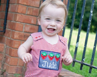 Little Boy Strawberry Picking Shortall - Red Gingham Applique Romper - Personalized Name Summer Jon Jon - Berry Picking Outfit - Embroidered
