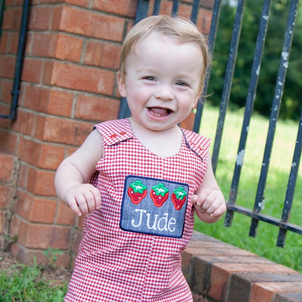 Little Boy Strawberry Picking Shortall - Red Gingham Applique Romper - Personalized Name Summer Jon Jon - Berry Picking Outfit - Embroidered