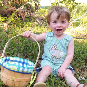 Boys Gingham Easter Romper - Little Boy Easter Rabbit Applique Monogrammed Name - Personalized Blue Green Gingham Shortall with Linen Bunny