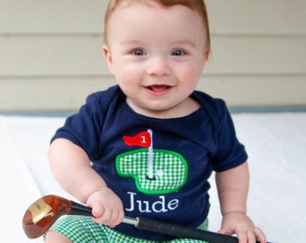 Baby Boy's Golf First Birthday Outfit - Appliqued, Personalized Golf Top and Green Gingham Shorts for any Birthday Number